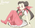  1girl arm_support ascot blouse brown_hair character_name dress feet full_body grey_dress gym_leader hair_ornament long_hair no_shoes open_mouth pantyhose pink_legwear pokemon pokemon_(game) pokemon_oras red_eyes sitting solo souji tsutsuji_(pokemon) twintails twitter_username 