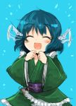  1girl blue_background blue_hair blush clenched_hands closed_eyes ear_twitch happy harusame_(unmei_no_ikasumi) head_fins japanese_clothes kimono long_sleeves obi open_mouth sash short_hair smile solo touhou wakasagihime wide_sleeves 