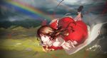  1girl ascot bobby_socks bow brown_eyes brown_hair clouds cloudy_sky detached_sleeves flying gohei hair_bow hair_tubes hakurei_reimu highres jq landscape loafers long_hair parted_lips rainbow ribbon-trimmed_sleeves ribbon_trim shoes skirt sky socks solo touhou triple_rainbow 