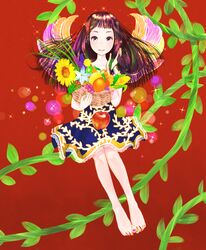  1girl apple barefoot basket black_eyes black_hair cherry corn dress feet flower food fruit grapes highres kiwifruit legs lemon long_hair orange original smile solo toenail_polish toes vines wings 