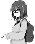  1girl :o backpack bag collared_shirt glasses highres kou_mashiro long_sleeves looking_at_viewer monochrome necktie original short_hair solo sweater 