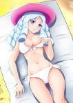  1girl :3 bikini blue_eyes blue_hair breasts buildup71 happinesscharge_precure! hat highres hosshiwa long_hair looking_at_viewer lying on_back precure ringlets solo swimsuit white_bikini white_swimsuit 