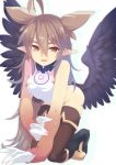  1girl ahoge all_fours boots brown_eyes brown_hair claws fang leotard long_hair monster_girl original pointy_ears ran_komomo smile stolas_(ran_komomo) thigh-highs thigh_boots wings winks 