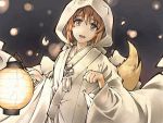  1girl brown_eyes brown_hair doku_hebi fox_tail hagiwara_yukiho idolmaster japanese_clothes kimono lantern looking_at_viewer short_hair solo tail uchikake 