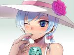  1girl blue_eyes blue_hair blush bust food happinesscharge_precure! hat hiuna_hayami hosshiwa ice_cream long_hair low_twintails one_eye_closed precure scrunchie solo_focus sun_hat twintails 