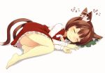  1_mutsuki 1girl :3 animal_ears barefoot blush brown_hair cat_ears cat_tail chen hat hat_removed headwear_removed jewelry multiple_tails panties short_hair simple_background single_earring sleeping smile solo tail touhou underwear white_background white_panties 