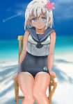  1girl blonde_hair blouse blue_eyes chair crop_top flower hair_flower hair_ornament kantai_collection long_hair one-piece_tan ro-500_(kantai_collection) sanaka school_swimsuit school_uniform sitting smile solo swimsuit swimsuit_under_clothes tan tanline u-511_(kantai_collection) 