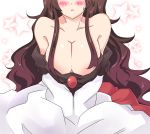  1girl :o bare_shoulders blush breasts brooch brown_hair cleavage collarbone dress head_out_of_frame imaizumi_kagerou jewelry large_breasts layered_dress long_hair long_sleeves off_shoulder open_mouth out_of_frame solo star starry_background sweat touhou v_arms very_long_hair yokoshima_(qb74pnkp) 