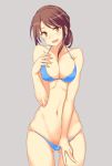  1girl adjusting_clothes adjusting_swimsuit bikini bikini_pull blue_bikini blush breasts brown_eyes brown_hair coco_nesta cowboy_shot grey_background halterneck hand_on_own_chest idolmaster idolmaster_cinderella_girls looking_at_viewer mifune_miyu navel open_mouth simple_background solo swimsuit 