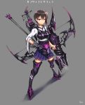  1girl alternate_eye_color alternate_weapon armor armored_boots arrow artist_name black_hair boots bow_(weapon) gauntlets gia greaves grey_background grey_legwear highres japanese_clothes kaga_(kantai_collection) kantai_collection muneate quiver short_hair short_ponytail side_ponytail solo standing thigh-highs thigh_boots violet_eyes weapon 