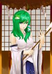  (9)_605563906 1girl :3 ahoge blue_eyes breasts bust detached_sleeves eyelashes eyes_visible_through_hair frog_hair_ornament gohei green_hair hair_ornament highres kochiya_sanae large_breasts lips looking_at_viewer snake_hair_ornament solo taut_clothes taut_shirt touhou 