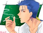  1boy blue_hair bufm cigarette earrings fate/stay_night fate_(series) jewelry lancer long_hair ponytail profile red_eyes solo 
