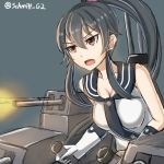  anchor_symbol bare_shoulders black_hair firing gloves kantai_collection machinery open_mouth ponytail rabochicken red_eyes sailor_collar twitter_username white_gloves yahagi_(kantai_collection) 