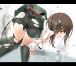  1girl absurdres all_fours asahi_(ge_nyu) ass bike_shorts black_legwear brown_eyes brown_hair covering_chest from_behind headgear highres kantai_collection letterboxed open_mouth panties short_hair skirt solo taihou_(kantai_collection) tears thigh-highs torn_bike_shorts torn_clothes torn_thighhighs underwear white_panties 