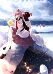  2girls animal_ears breath clouds cloudy_sky dress dress_shirt frozen_lake highres inaba_tewi long_hair long_sleeves looking_at_viewer looking_back multiple_girls necktie outdoors pleated_skirt purple_hair rabbit_ears red_eyes red_necktie reisen_udongein_inaba road_sign ryuu_(tsukinoyuki) scarf shirt shoes sign sitting skirt skirt_set sky smile snow snowing thigh-highs touhou very_long_hair white_legwear white_shirt winter 