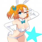  1girl animal_ears bare_shoulders blue_eyes blush bow bowtie breasts bunny_girl bunny_tail chan_co cleavage detached_collar elbow_gloves gloves hair_bow kousaka_honoka large_breasts looking_at_viewer love_live!_school_idol_project one_eye_closed orange_hair rabbit_ears short_hair side_ponytail simple_background smile solo tail v white_background white_gloves 