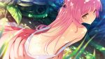  1girl bare_back character_request dappled_sunlight from_behind kleito_(tears_to_tiara_ii) long_hair looking_at_viewer looking_back off_shoulder outdoors pink_hair smile solo sweat tatami_to_hinoki tears_to_tiara_ii yellow_eyes 