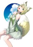  1girl absurdres animal_ears bare_shoulders blonde_hair detached_sleeves dress fang green_eyes highres hitotose_hirune looking_at_viewer open_mouth original short_hair solo tail 