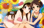  2girls :d absurdres barefoot bikini brown_eyes brown_hair competition_school_swimsuit flower frilled_bikini frills fujii_yasuo fukami_hina fukami_touko glasslip goggles goggles_around_neck hair_ornament hat highres long_hair multiple_girls official_art one-piece_swimsuit open_mouth pink_bikini school_swimsuit short_hair siblings sisters smile straw_hat sun_hat sunflower swimsuit 