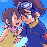  1boy 1girl :d ^_^ brother_and_sister brown_eyes brown_hair closed_eyes digimon digimon_adventure dramatica goggles goggles_on_head jewelry necklace one_eye_closed open_mouth scarf short_hair short_sleeves siblings smile star twitter_username whistle yagami_hikari yagami_taichi 