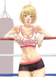  1girl ahoge ai_candy blonde_hair blue_eyes bob_cut boxing_ring breasts cleavage clothes_writing colored daniel_macgregor facial_tattoo heart_tattoo large_breasts lips navel nose original punching_bag revision short_hair short_shorts shorts smile solo sports_bra tattoo wrist_wraps 