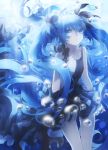  1girl blue_eyes blue_hair bubble domik dress hatsune_miku long_hair pale_skin shinkai_shoujo_(vocaloid) solo thigh_gap twintails underwater very_long_hair vocaloid 