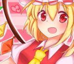  1girl ascot blonde_hair bust dress fang flandre_scarlet hat heart looking_at_viewer mob_cap open_mouth puffy_short_sleeves puffy_sleeves red_dress red_eyes ribbon shirt short_hair short_sleeves side_ponytail smile solo touhou vest wings 