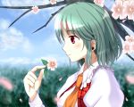  1girl ascot blue_sky bust cherry_blossoms clouds green_hair highres kazami_yuuka open_clothes open_vest petals profile puffy_short_sleeves puffy_sleeves red_eyes shirt short_sleeves sky smile solo touhou tree vest wendell 