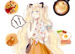  1girl animal_ears bacon bag bare_shoulders blonde_hair blue_eyes casual cat_ears character_request egg food handbag highres long_hair open_mouth pancake saliva seeu skirt solo thinking vient vocaloid 