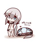  1girl :/ blue_eyes chibi headwear_removed heart highres kantai_collection nuu_(nu-nyu) object_on_head pale_skin panties panties_on_head shinkaisei-kan short_hair silver_hair simple_background striped striped_panties tagme translation_request underwear white_background wo-class_aircraft_carrier 