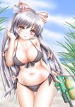  1girl akino_irori bikini black_bikini blue_sky blush bow breasts cleavage clouds collarbone fingernails front-tie_top fujiwara_no_mokou hair_bow hair_ribbon hand_in_hair highres large_breasts long_fingernails long_hair navel open_mouth parted_lips pink_eyes ribbon side-tie_bikini silver_hair sky smile solo strap_gap swimsuit thigh_gap touhou tress_ribbon very_long_hair water_gun 