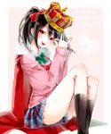  1girl black_hair blush boots bow crown hair_bow happy_birthday looking_at_viewer love_live!_school_idol_project microphone open_mouth pleated_skirt poison916 red_eyes robe sitting skirt solo yazawa_nico 