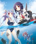  3girls afloat ahoge barefoot black_hair blue_hair breasts finger_to_mouth hair_ornament highres holding i-19_(kantai_collection) i-58_(kantai_collection) kantai_collection long_hair looking_at_viewer low_twintails machinery magatama multiple_girls name_tag ocean partially_submerged red_eyes redhead school_uniform serafuku star star-shaped_pupils submerged swimsuit swimsuit_under_clothes symbol-shaped_pupils tagme taigei_(kantai_collection) tako-san_wiener torpedo twintails yume_no_owari 