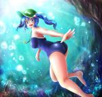  1girl :d ass back bare_legs bare_shoulders barefoot blue_eyes blue_hair blush breasts bubble cabbie_hat competition_school_swimsuit coral_reef fish floating_hair freediving hair_bobbles hair_ornament hat kawashiro_nitori key landscape large_breasts light_rays light_trail looking_back nature one-piece_swimsuit open_mouth outstretched_arm reaching satoji_(ochanomkmskry) scenery school_swimsuit shiny shiny_clothes short_hair smile solo submerged sunbeam sunlight swimming swimsuit touhou underwater wet wet_clothes 