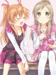  2girls :t bike_shorts blush brown_hair closed_eyes eating food green_eyes hair_ribbon half_updo houjou_hibiki ice_cream long_hair maruki_(punchiki) minamino_kanade multiple_girls open_mouth orange_hair precure ribbon sitting suite_precure thigh-highs two_side_up white_legwear 