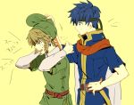  belt blonde_hair blue_hair cape earrings fire_emblem fire_emblem:_souen_no_kiseki hand_on_hip hat headband ike jewelry link nikayu nintendo pointy_ears super_smash_bros. the_legend_of_zelda twilight_princess 