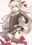  1girl absurdres amatsukaze_(kantai_collection) black_panties brown_eyes cannon garter_straps gloves hair_tubes highres kantai_collection long_hair panties red_legwear rensouhou-kun school_uniform silver_hair solo striped striped_legwear thigh-highs turret twintails underwear white_hair yuki-02 