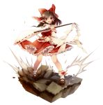  &gt;:d 1girl :d bow detached_sleeves frills gohei hair_bow hair_ornament hair_ribbon hair_tubes hakurei_reimu holding mary_janes ninjinshiru ofuda open_mouth ribbon ribbon-trimmed_sleeves ribbon_trim shoes smile solo tagme touhou 