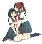  2girls black_hair blush brown_hair closed_eyes forehead_kiss hachiko_(hati12) kiss kneehighs kneeling long_hair multiple_girls open_mouth original ponytail school_uniform serafuku short_hair sitting skirt yuri 