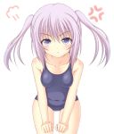  1girl :t blush collarbone covered_navel highres leaning_forward looking_at_viewer minatsuki_nao original pout purple_hair school_swimsuit short_hair short_twintails small_breasts solo swimsuit twintails violet_eyes white_background 