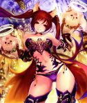  1girl absurdres animal_ears armor bare_shoulders cerberus_(shingeki_no_bahamut) choker contrapposto dog_ears gauntlets greaves grin halo hand_puppet highres long_hair midriff navel puppet purple_legwear red_eyes redhead scan shingeki_no_bahamut side-tie_bottom smile solo tachikawa_mushimaro thigh-highs twintails very_long_hair 