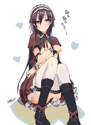  1boy :&lt; alternate_costume black_hair blush covering_chest crossdressinging enmaided hairband heart highres kirito kirito_(sao-ggo) knees_together_feet_apart long_hair maid open_clothes sitting skirt solo suidengetsu sword_art_online thighhighs trap violet_eyes white_legwear wrist_cuffs 