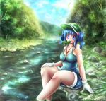  1girl alternate_costume bare_shoulders blue_eyes blue_hair blue_sky breasts clouds cloudy_sky collarbone cucumber denim denim_shorts food forest gloves hair_bobbles hair_ornament hat kawashiro_nitori key landscape leaf mouth_hold nature outdoors partially_submerged path river road rock satoji_(ochanomkmskry) scenery short_hair shorts sitting sitting_on_rock sky soaking_feet solo tank_top touhou tree water white_gloves 