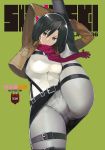  1girl :&lt; arms_behind_head arms_up belt black_eyes black_hair boots buckle cover cover_page doujin_cover flexible highres jacket leg_up long_sleeves mikasa_ackerman military military_uniform namaniku_atk open_clothes open_jacket scarf shingeki_no_kyojin short_hair solo split stretch thigh_strap uniform 