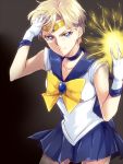  1girl adjusting_hair bishoujo_senshi_sailor_moon blonde_hair blue_eyes choker circlet energy gloves light_smile looking_at_viewer maruki_(punchiki) sailor_senshi sailor_uranus short_hair solo ten&#039;ou_haruka white_gloves 