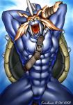  1boy abs artist_name blue_background dated digimon digimon_adventure furry green_eyes karabiner open_mouth solo teeth tongue zudomon 