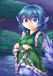  1girl absurdres blue_eyes blue_hair fun_bo head_fins highres japanese_clothes kimono kimono_lift mermaid monster_girl partially_translated revision sash short_hair solo symbol-shaped_pupils tears touhou translation_request wakasagihime water wet 