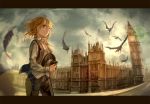  1girl alternate_costume bird clock clock_tower clouds cloudy_sky crow feathers hat kirisame_marisa letterboxed open_clothes open_mouth open_vest pants shirt sky solo touhou tower vest westminster_palace yellow_eyes zicai_tang 