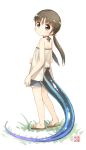  1girl bare_shoulders blush brown_eyes brown_hair kito_(sorahate) long_hair low_twintails original sandals shorts simple_background solo tail twintails white_background 