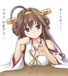  1girl ahoge bare_shoulders brown_hair bust clenched_hand detached_sleeves double_bun hairband head_rest jewelry kantai_collection kongou_(kantai_collection) long_hair nontraditional_miko ring solo spaghe translated violet_eyes wedding_band 